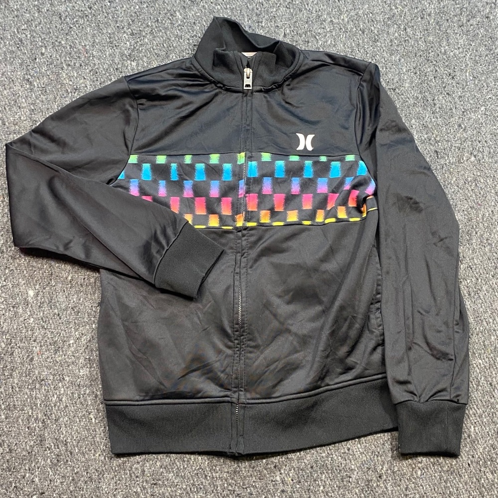 Hurley Track Jacket Sz 10 Boys Black Rainbow Checkerboard Skater Full Zip